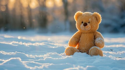 One Teddy bear sitting alone on snow during winter time.