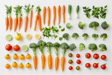 Various types of fresh vegetables, including carrots and zucchinis, arranged on a white surface - Powered by Adobe
