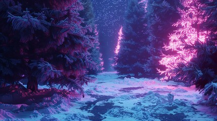 Snowy forest with a digital holographic overlay, futuristic, neon, 3D rendering, capturing the blend of natural and digital textures