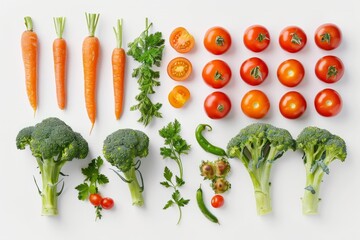 High-angle view of different types of fresh vegetables like carrots displayed on a white table - Powered by Adobe