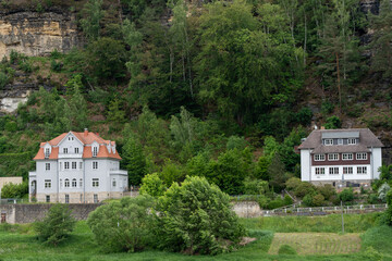 Two houses are on a hillside with a lush green forest in the background. The houses are white and brown, and they are situated on a hill with a view of the forest