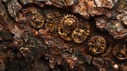 Steampunkinspired bark with metallic gears embedded in the texture, blending nature and technology, Steampunk, Digital Art, Metallic Accents