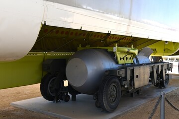 Nuclear bomb under bomb bay doors of plane