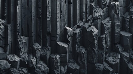 Textured basalt columns, forming natural geometric shapes, creating a striking visual pattern, Realistic, Dark tones, High detail