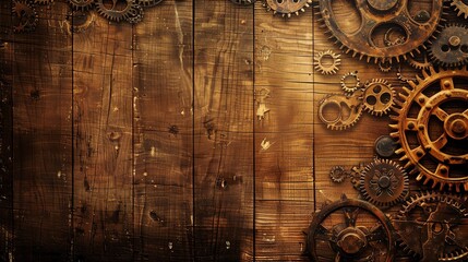 Naklejka premium Vintage wood texture with a subtle steampunk gear overlay, Steampunk, Sepia tones, Illustration, Intricate details