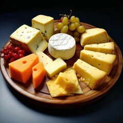 Cheese plate: Emmental, Camembert cheese, cheese with mold, breadsticks, grapes on the table. AI