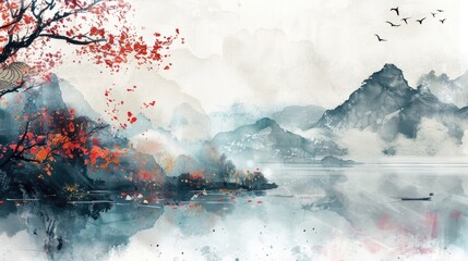 Oriental abstract landscape illustration. Japanese watercolor wash painting style
