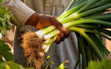 Freshly Harvested Green Onions Held by Gardener