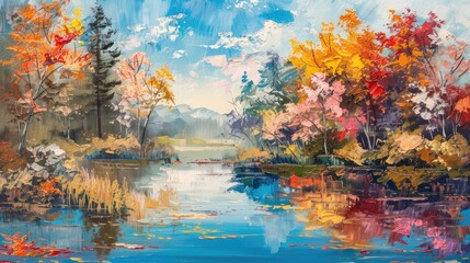 Original oil painting on canvas of autumn landscape with colorful trees and lake