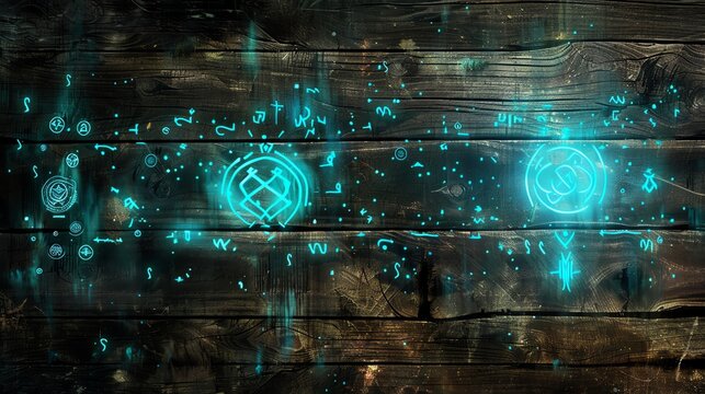 Wooden surface with glowing ancient symbols, Fantasy, Earthy tones with luminous blue, Digital painting, Mythical atmosphere