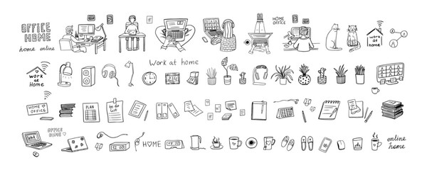 Home office, freelance work, teaching or studying at home. Freelancers working online on laptops, tablets in a cozy atmosphere with books, plants. Self-employed woman and man © Natalia