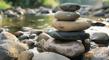 Oval stones piled up by the riverside