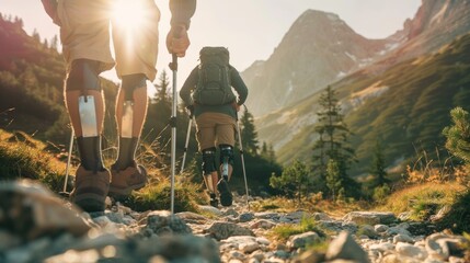 Overcoming life obstacles concept with disabled man with prosthetic legs hiking in the mountain
