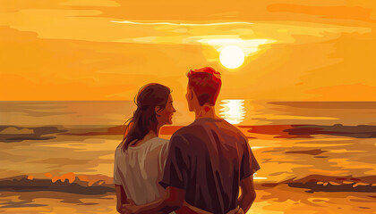 Happy Couple Watching the Sunset on the Beach - Experience a romantic moment with this image of a happy couple watching the sunset on the beach, perfect for illustrating romance and tranquility