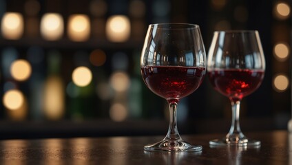 A row of wine glasses and plates on a counter top,.