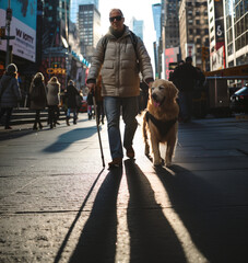 A blind man navigates a bustling city street with the aid of his guide dog, surrounded by high-rise buildings and busy pedestrians