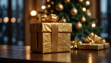 A stack of presents wrapped in gold paper next to a christmas tree and ribbon in a luxury house.
