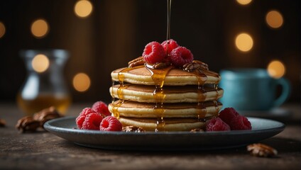 A stack of pancakes topped with pecans, raspberries and maple syrup,. - Powered by Adobe