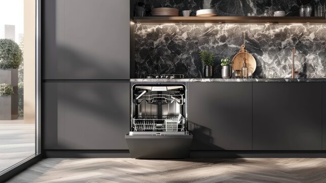 Open dishwasher in modern interior kitchen cabinet. Generative AI