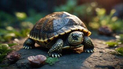 Obraz premium Cute cartoon turtle. View from above. Cartoon flat.