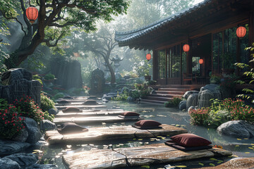 Obraz premium A peaceful meditation retreat set amidst tranquil forest surroundings, where participants find inner peace and spiritual renewal. Concept of mindfulness and introspection. Generative Ai.