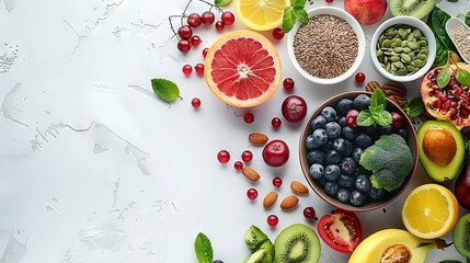  Fruits and vegetables displayed in a table, alongside a berry-filled bowl containing various fruits such as kiwis, oranges, and more