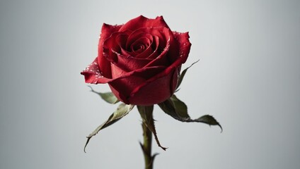Single red rose with loose petals on white background. Love concept. Ideal for greeting cards, invitations, posters with copy space for text.