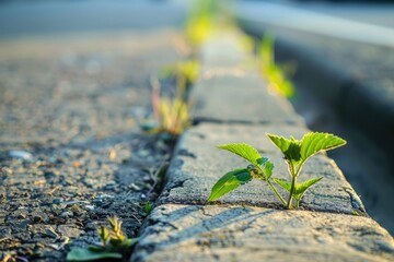 A plant growing out of a crack in the side of a road. Suitable for illustrating resilience and growth