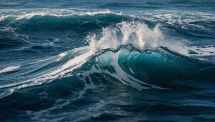 Fototapeta premium Top view of ocean waves churning with foam, creating intricate patterns of white and deep blue, dynamic water texture. Marine background. generation.