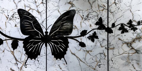 Panel wall art, marble background with butterfly silhouette, wall decoration