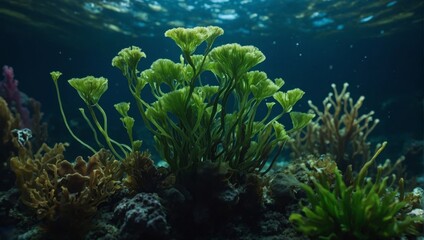 Fototapeta na wymiar Underwater sea plants. Edible algae and leaves.
