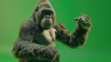 A powerful gorilla standing on its hind legs, raising its hand. Perfect for wildlife and animal themes