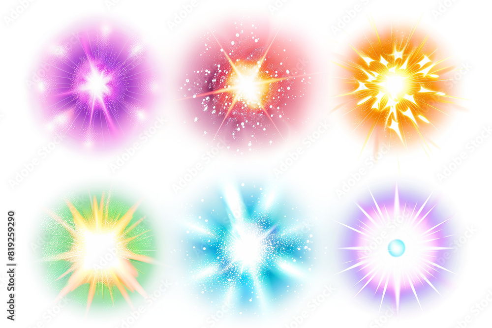 Poster set of colorful fireworks isolated on transparent background.