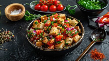 Panzanella collection, Italian bread and tomato salad, side and top view