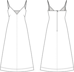 sleeveless deep v neckshoulder spaghetti straps strappy strapped zippered midi knee ankle length denim a-line dress  template technical drawing flat sketch cad mockup fashion woman design style model  © sin