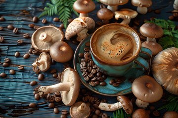 A cup of mushroom coffee on the table, surrounded by mushrooms and coffee beans