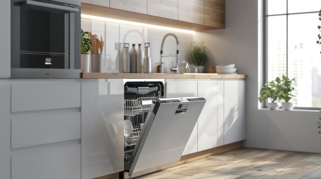 Open dishwasher in modern interior kitchen cabinet. Generative AI