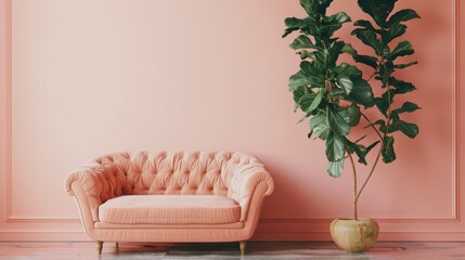 Light peach bedroom interior with velvet sofa and large ficus leaves