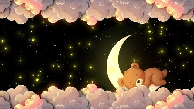 Baby Bear Sleeping On Moon And Travel On The Clouds  Cartoon Animation Kids Background. Cute Animals Brown Bear Babys Sleeping On Clouds At Starry Night. Baby Bear Slepping On Clouds 2d Cartoon