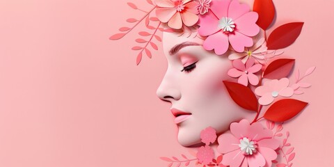 Paper style illustration of a woman's face with flowers and leaves on pink background, International.