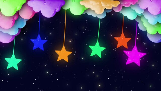 Colorful Cloud With Hanging Stars Cartoon Animation, Cartoon Clouds Neon Color Changing Animation At Night With Hanging Animation.glowing Hanging Stars And Clouds Animation, Paper Cut Night Sky Illust