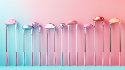 Pastel golf clubs arranged in a stylish manner copy space, realistic, blend mode, golf course