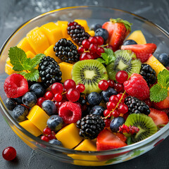 A colorful fruit salad with a variety of fresh berries, kiwi, mango, and mint leaves, served in a clear glass bowl, bright natural lighting, photorealisticHighly detailed photography