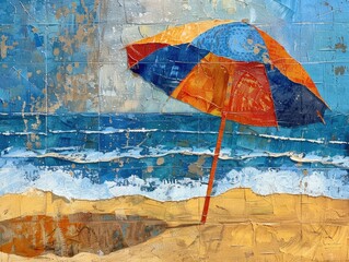 beach scene with an orange and blue umbrella providing a splash of vibrant color against the backdrop of golden sand and the vast, sparkling ocean. 