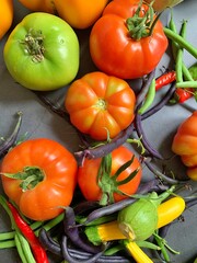 large tomato, green green beans, yellow zucchini, fresh vegetables, healthy vegetables purple green beans, green tomato