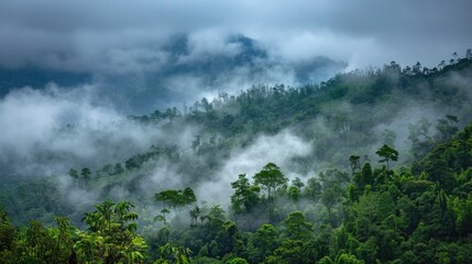 Fog Clouds. Tree Landscape Covered in Lush Clouds against Sky Background