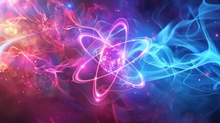 Science Symbol. Atom Model Neon Light Shining in Astronomy Concept Backdrop