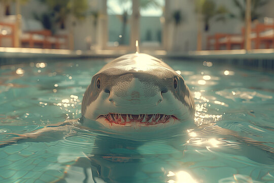 animal by ai // shark swimming in the resort hotel pool, teeth, unreal, daylight, closeup shot, bokeh, photorealistic // ai-generated 