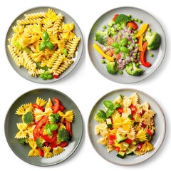 Pasta primavera collection, four plates with different noodle types (Penne, Farfalle, Fusilli) and mixed vegetables, top view