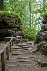 A wooden staircase leads up a rocky hillside. The path is surrounded by trees and the sky is cloudy